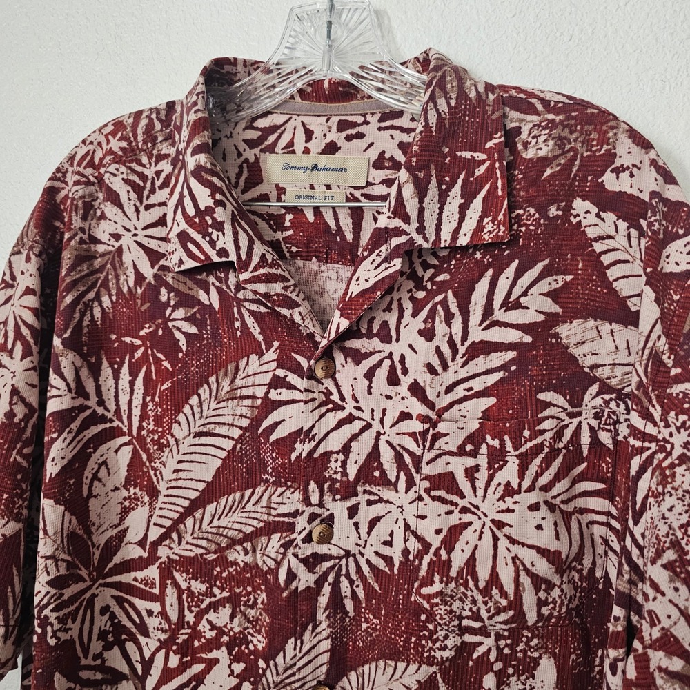 Tommy Bahama Mens XL Silk Short Sleeve Button Down Shirt Red Tropical Leaf Print